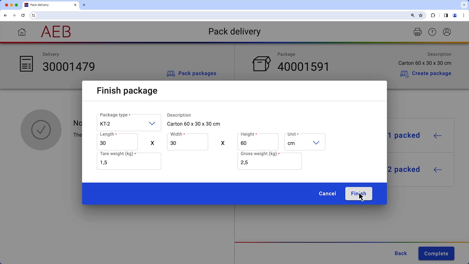 AEB Transportation Management System Software - Packing items from delivery notes and printing labels. Pack items from delivery notes and automatically generate labels for each individual package.