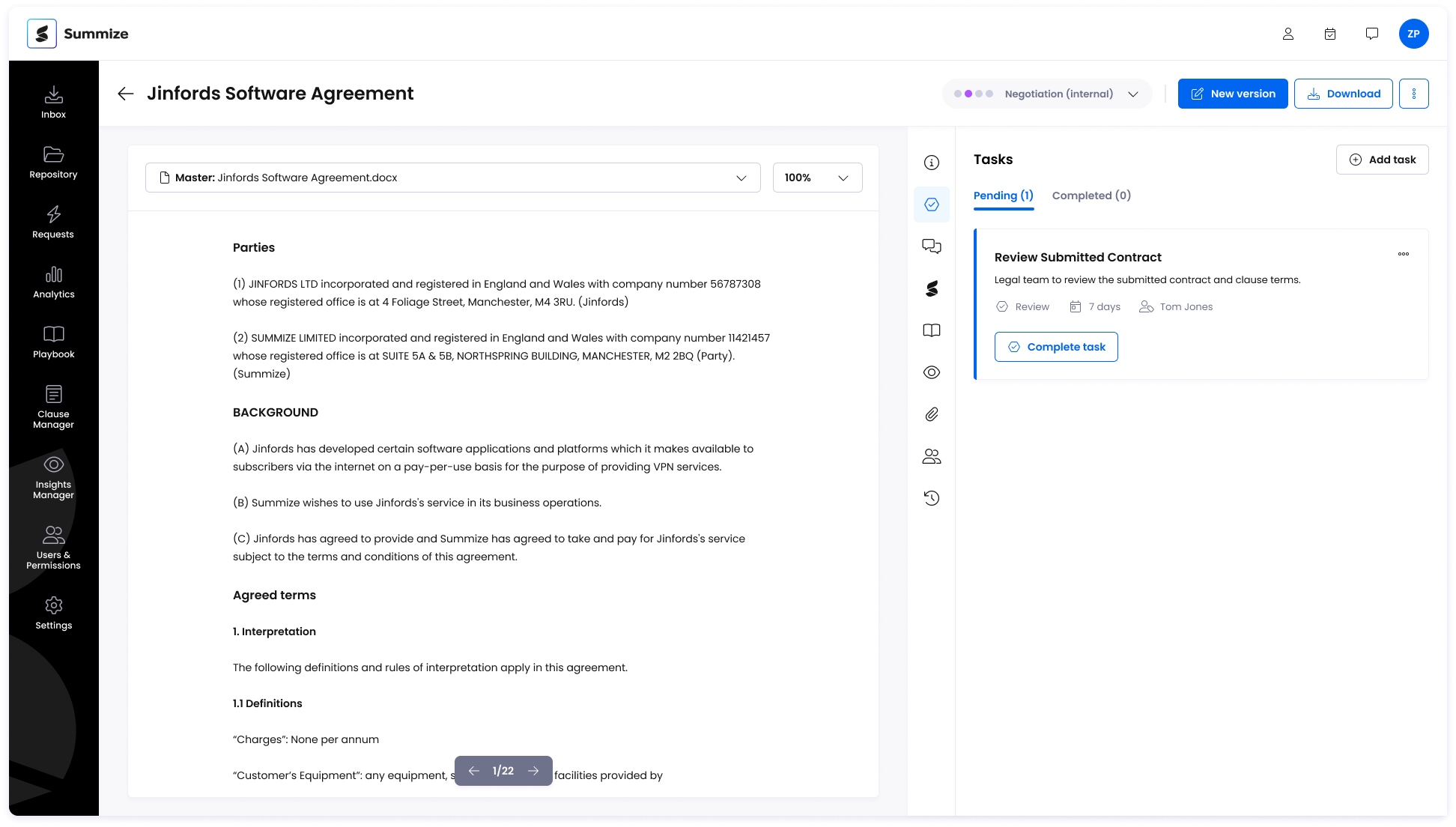 Summize Contract Review and Task Management