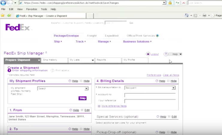 FedEx Ship Manager screenshot: Create shipment profiles