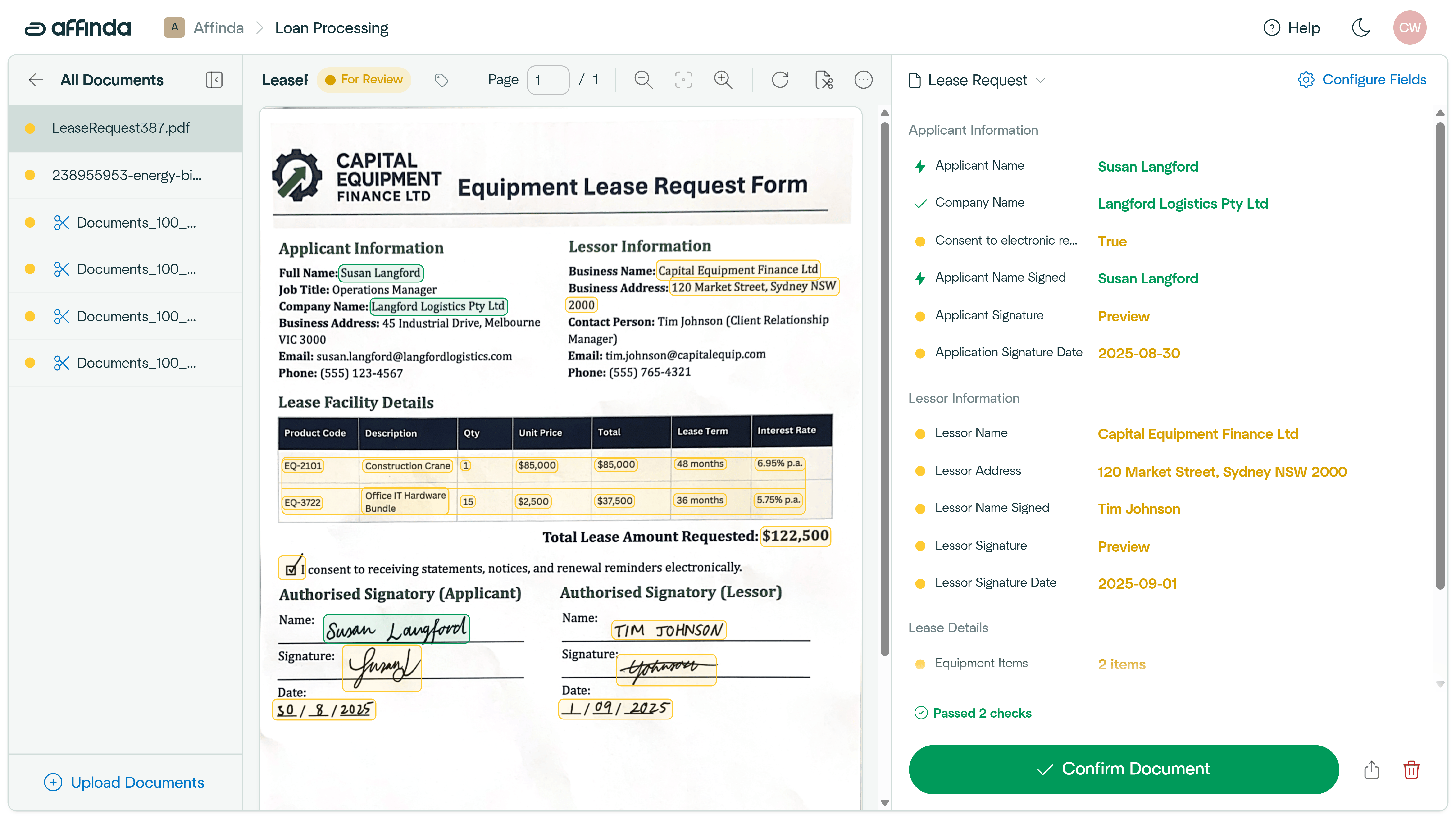 Affinda screenshot: Affinda document validation interface 