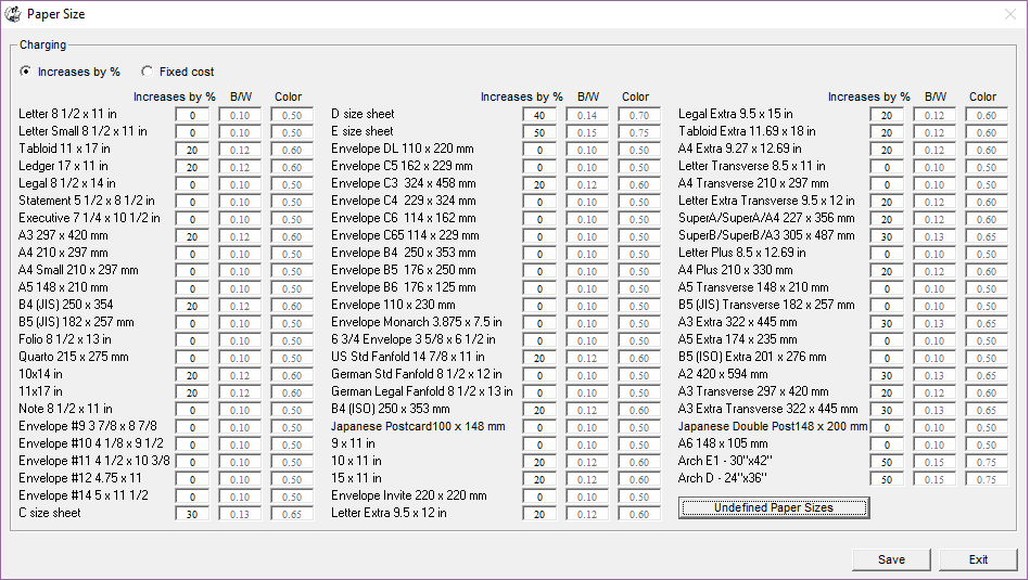 Print Job Manager Software - Print Job Manager charges by paper size