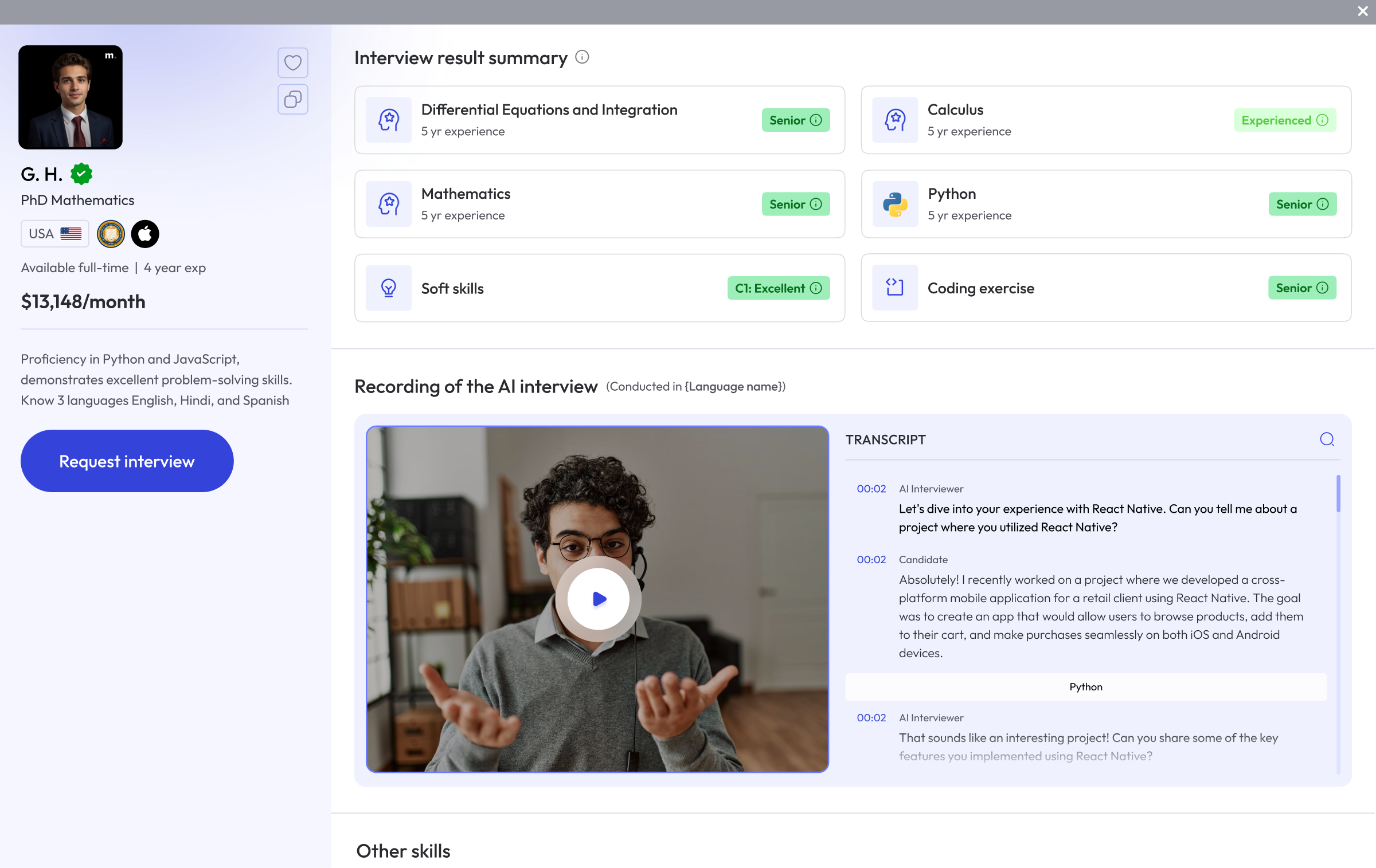 micro1 screenshot: micro1 AI interview report