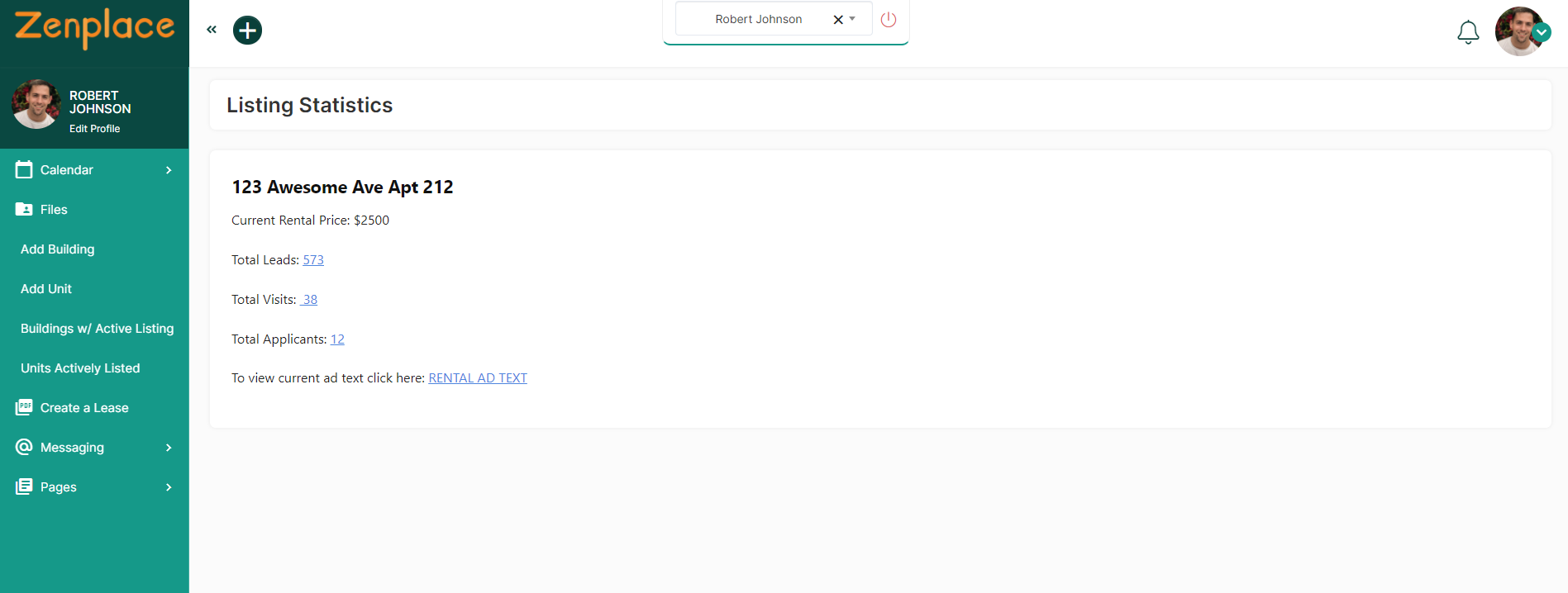 Zenplace Property Management screenshot: Zenplace Property Management statistics