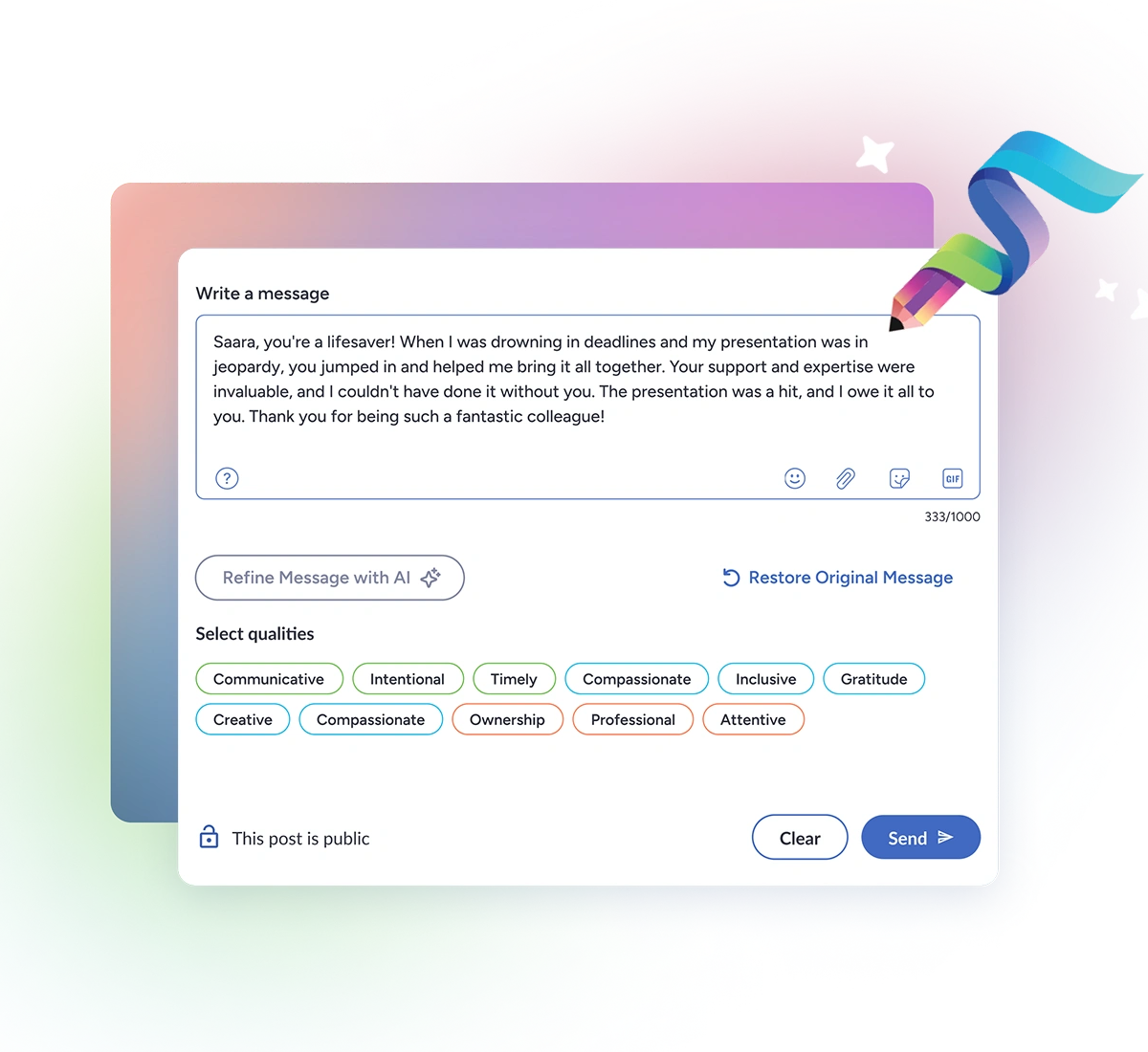 Kudos Software - Send peer recognition quickly and easily. Refine recognition messages with the optional, built-in Kudos AI recognition assistant. - thumbnail