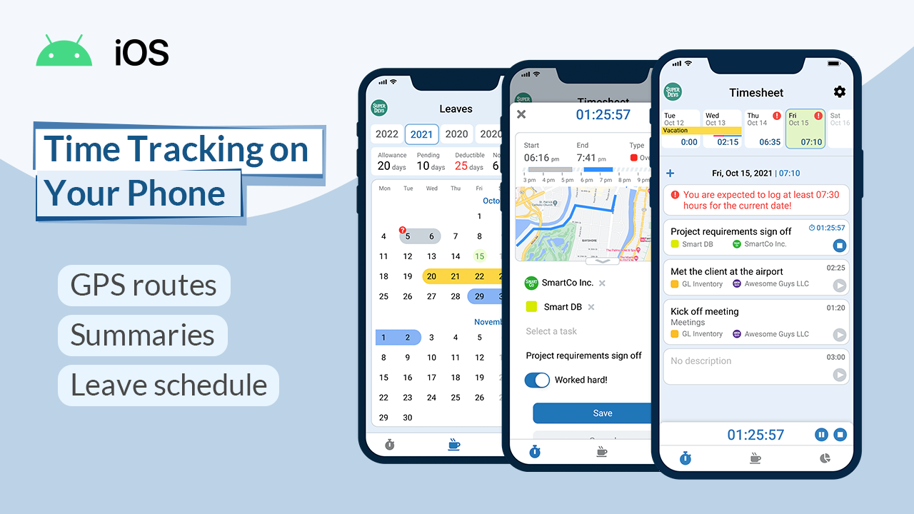 Time Clock app for iOS and Android with routes tracking & leave schedule management.