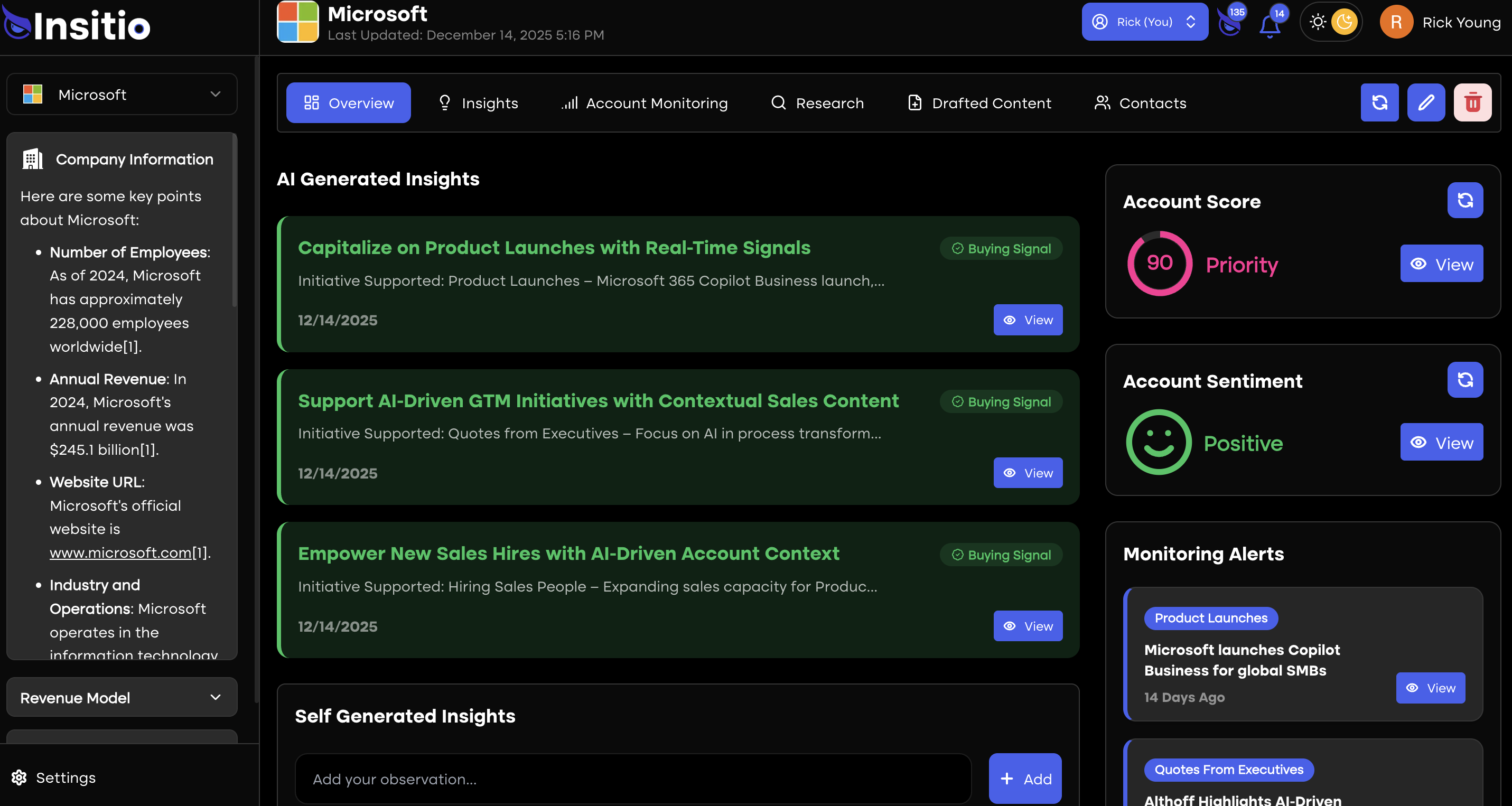 Insitio screenshot: Insitio account overview