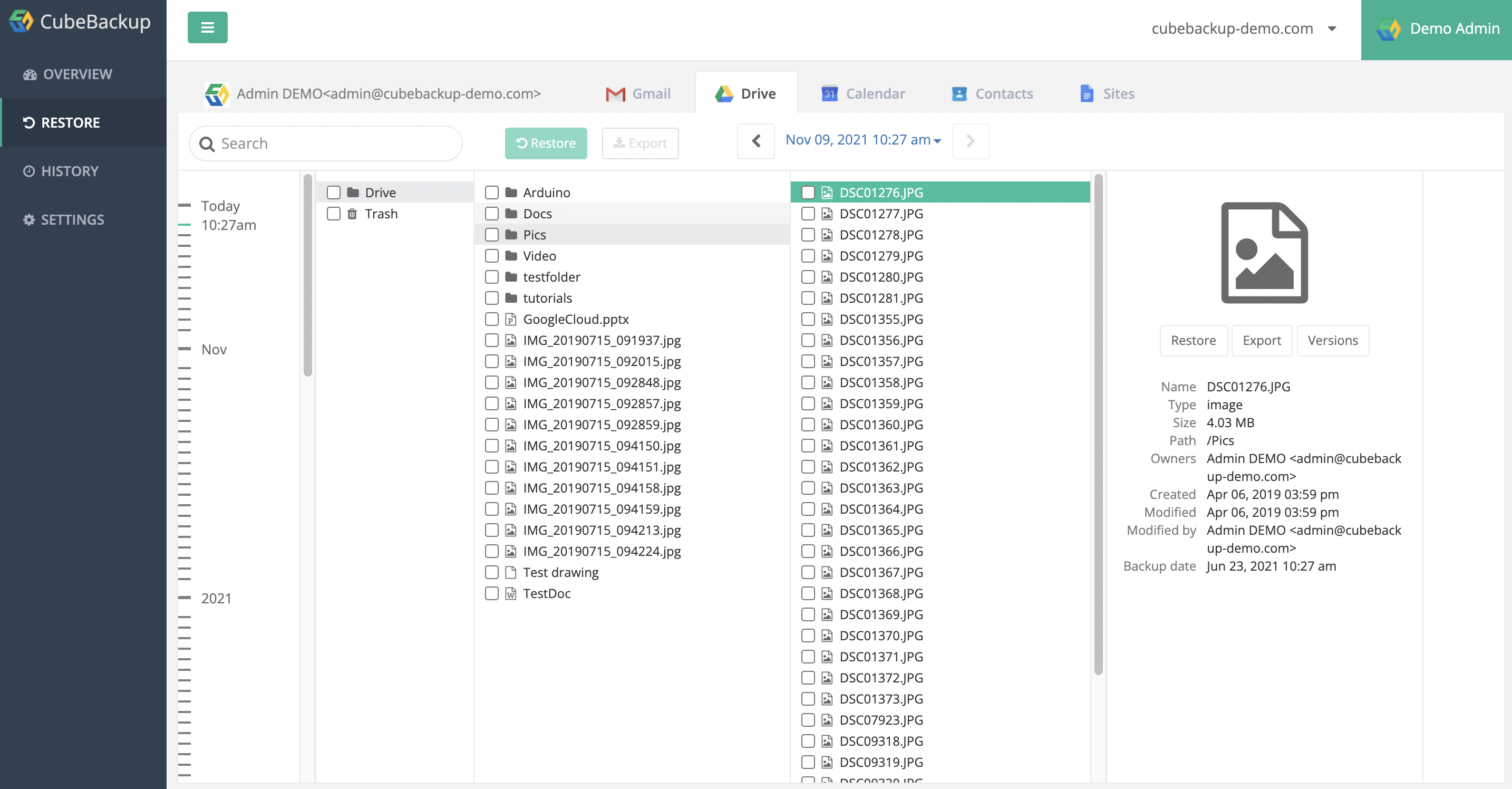 Backup snapshot and Restore page
