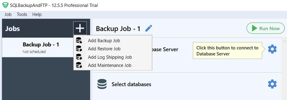 SQLBackupAndFTP Software - By clicking the "plus" icon, you can create a backup, restore, or maintenance jobs