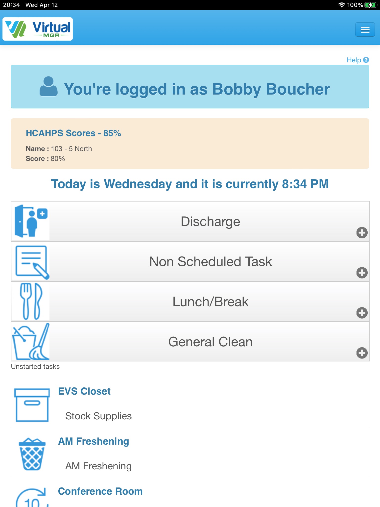 EVS Associate Dashboard which enables Housekeepers to start and finish tasks in addition to managing issues that come up throughout the day, spot tasks assigned by clinical staff, and discharges.