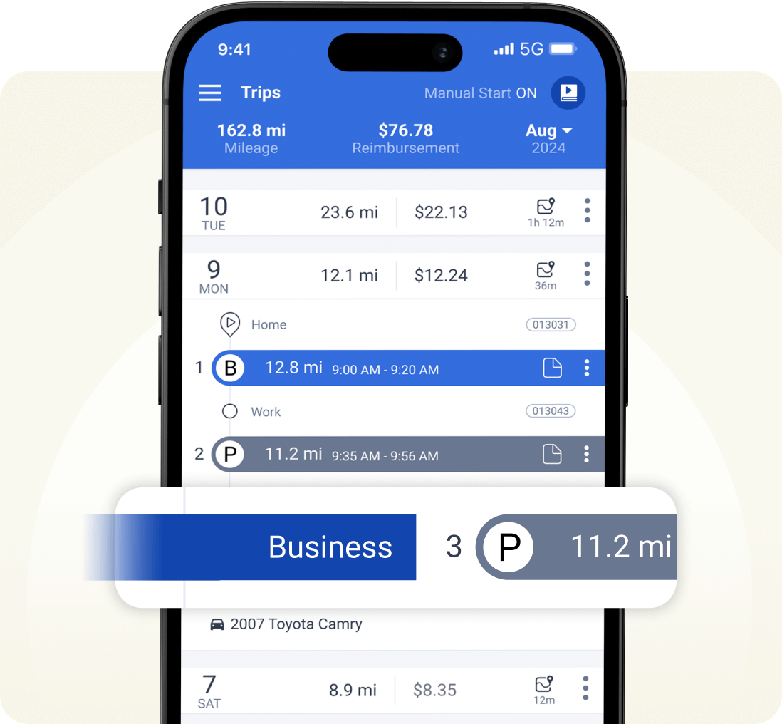TripLog allows you to easily classify which of your drives are business or personal - all it takes is one swipe. You can set work hours to automatically categorize your trips based on your workweek or hours.
