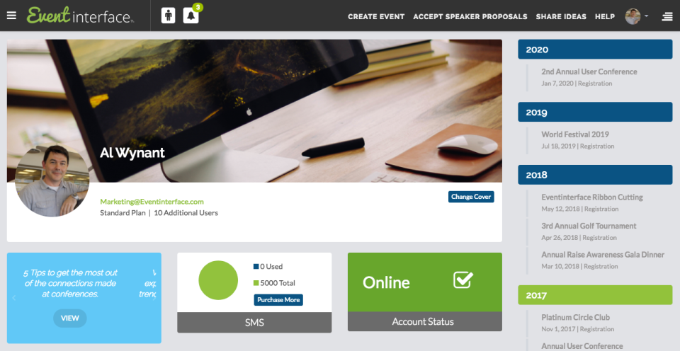 EventInterface screenshot: Planner dashboard