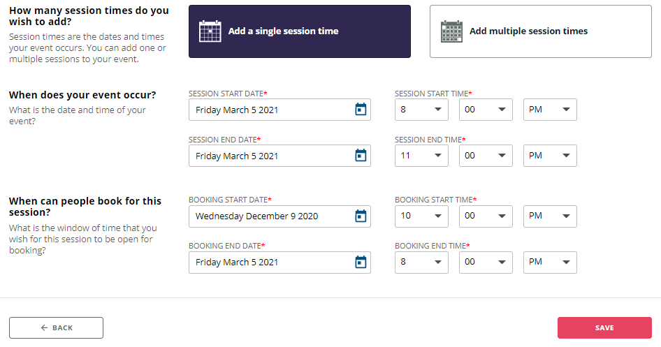 Vanco Events screenshot: Vanco Events set up sessions
