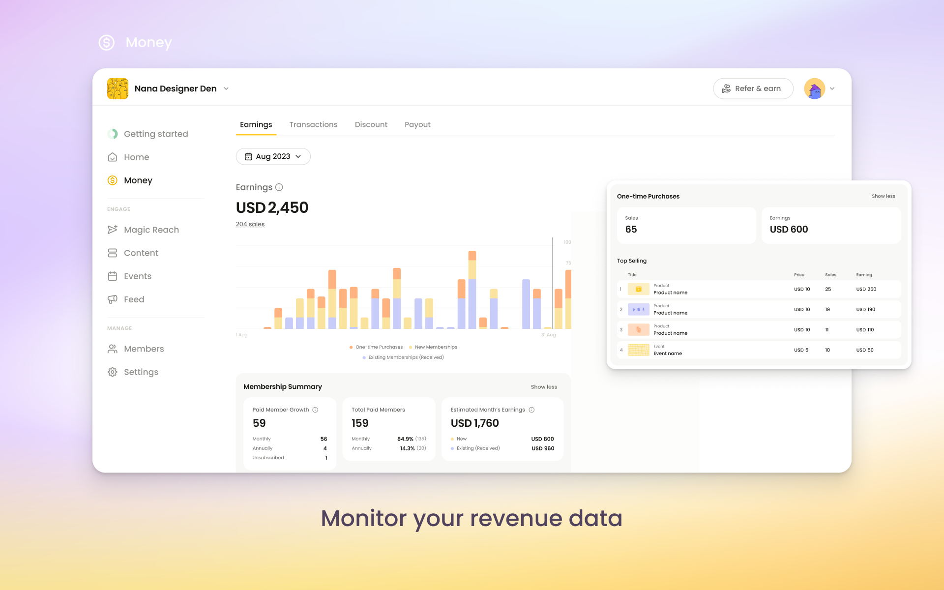 Nas.io Software - All your community revenue in place. Beautiful Analytics show your growth. You can view all transactions and your payouts.