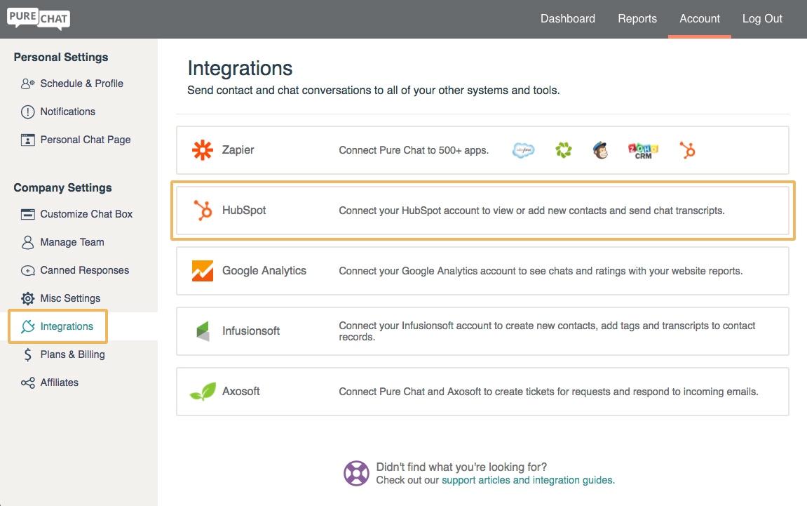 Pure Chat third party integrations screenshot