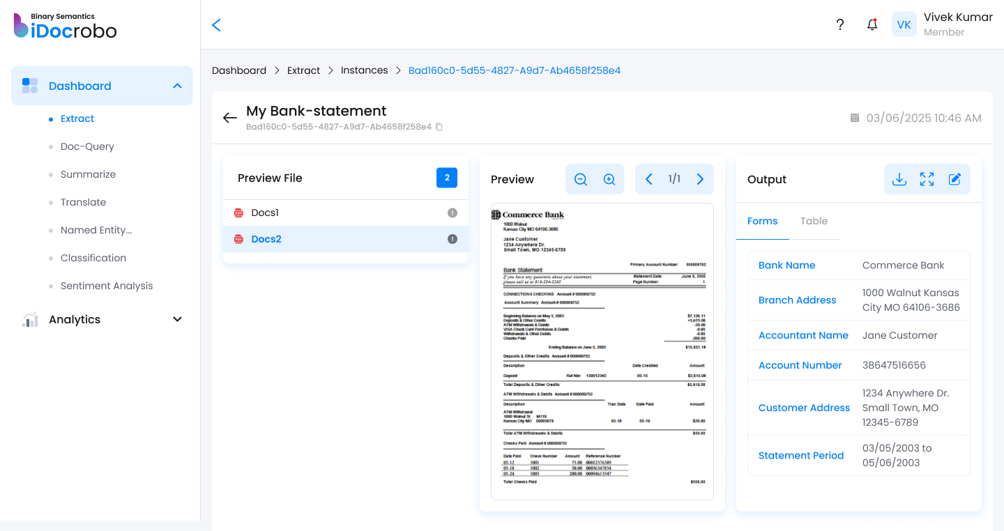 iDocrobo screenshot: iDocrobo extraction dashboard