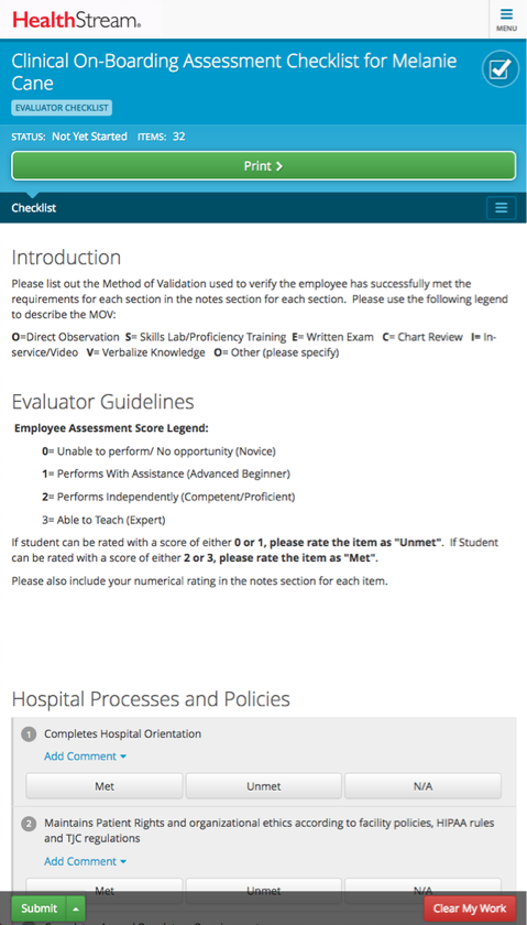 HealthStream Checklist Software - Checklist Mobile View