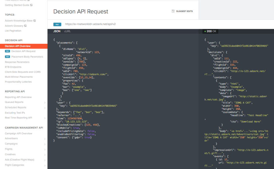Decision API requests use JSON to help users create and upload ads