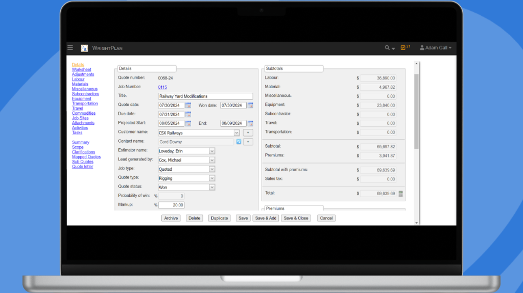 WrightPlan Software - Estimating and Quoting: Reduce misquoting & losses and make quoting-by-hand a thing of the past with user-configured pricing lists for labor, equipment, materials & more.