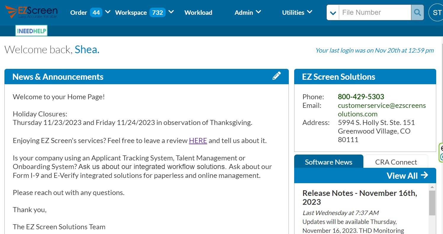 EZ Screen screenshot: Home and Welcome Page upon logging in. Navigate to start a new order on the Order tab or view current or previous reports under the Workspace tab.
