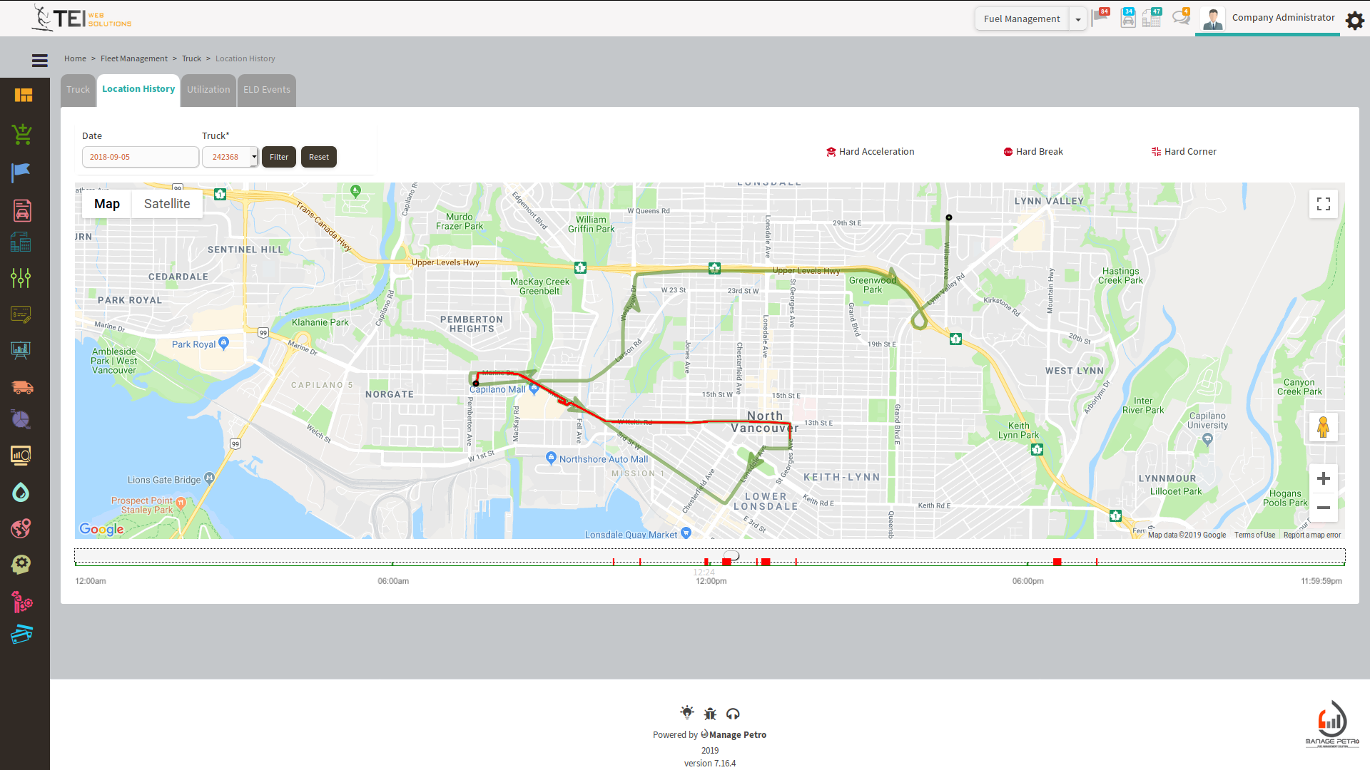 Manage Petro Software - Truck path, location, and action point history review page.