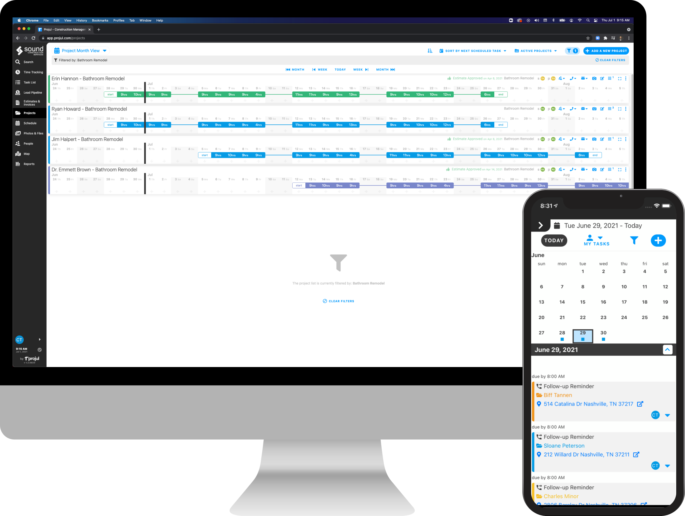 Projul offers SEVEN different schedules so that everyone on your team can find a view they’re comfortable with. Featuring both project-specific schedules (timeline, month view, gantt) and people-specific schedules (day, week, month, calendar).