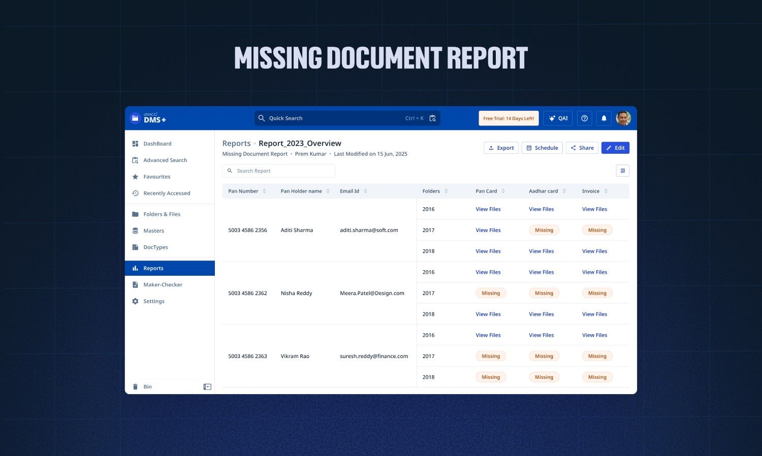 dMACQ DMS+ screenshot: Missing Document Report