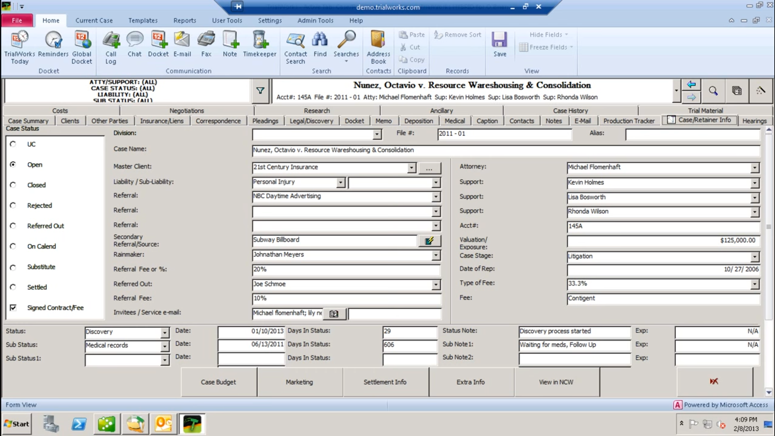 TrialWorks Software - The case retainer screens use a tabular layout featuring multiple customizable input fields for logging important case information