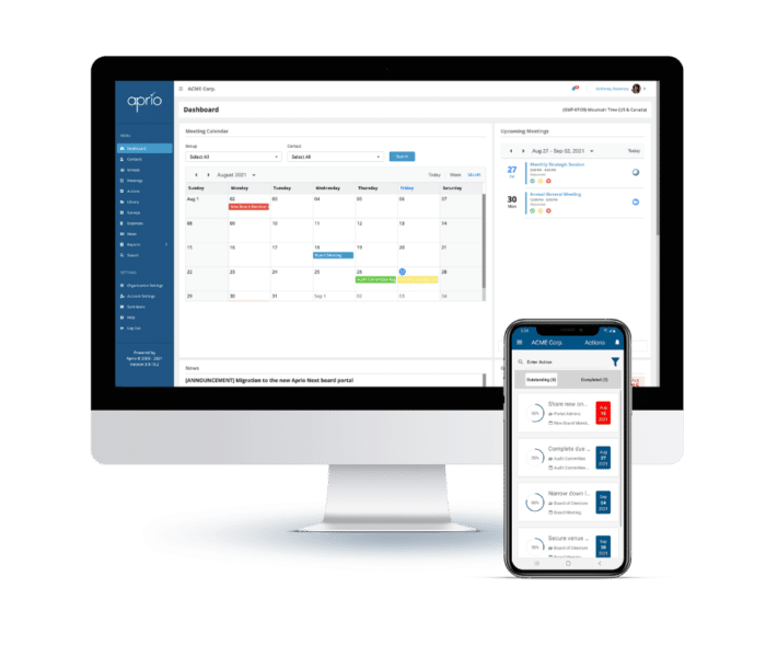 The dashboard gives you quick access to your board materials and upcoming meetings, important announcements from your organizations, or outstanding tasks that need to be completed.