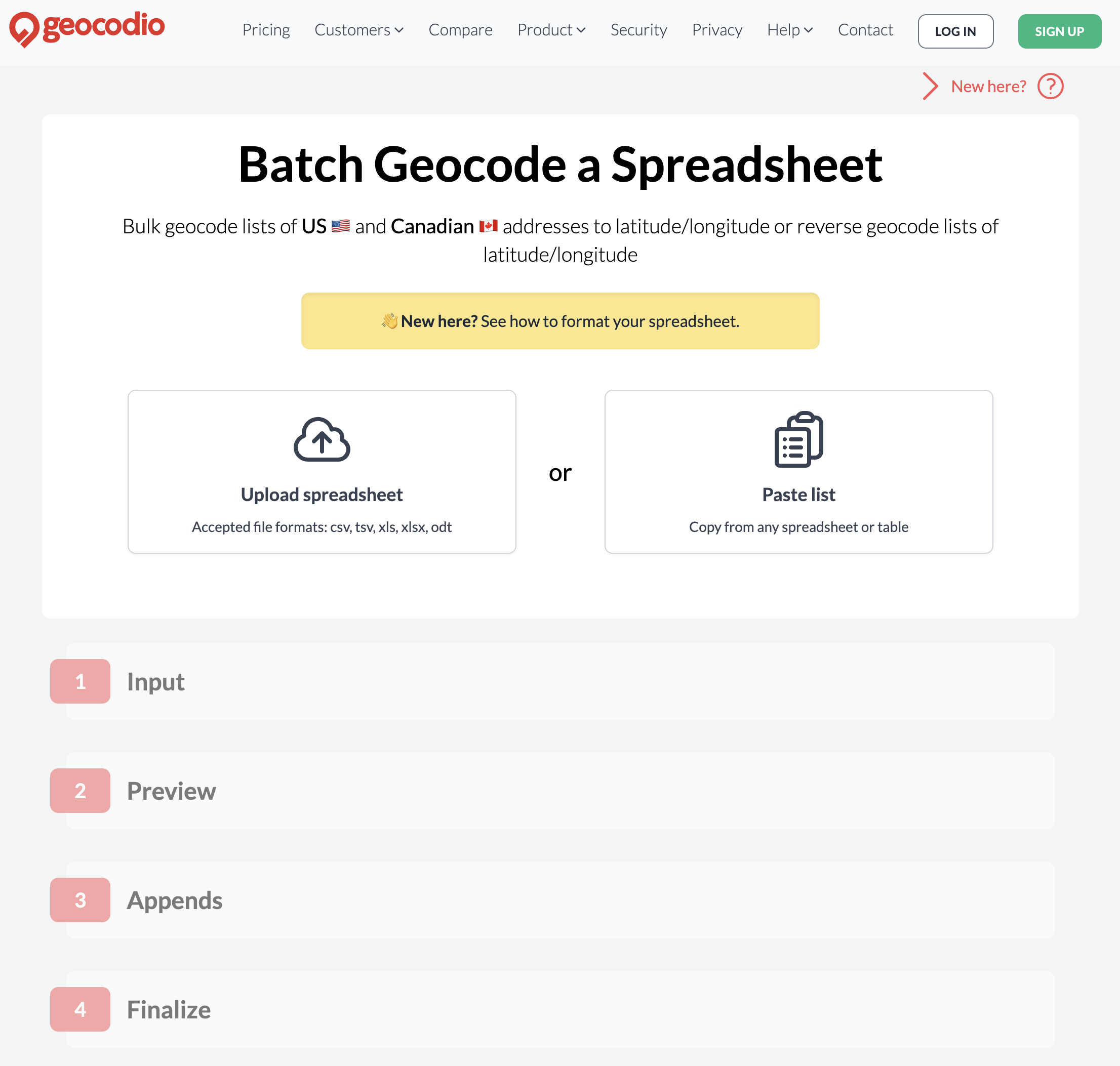 Geocodio screenshot: Geocodio spreadsheet uploading
