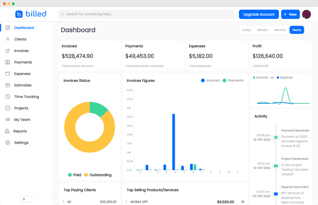 Billed Software - Dashboard