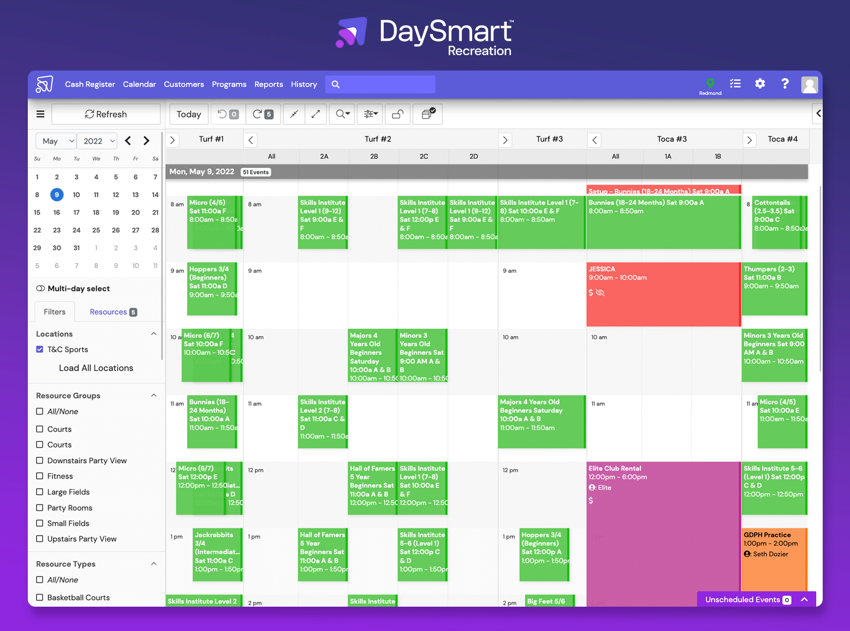 Build calendars for your community. With a drag and drop calendar that makes scheduling simple, you can build leagues, book facilities, and confirm rentals within one calendar.