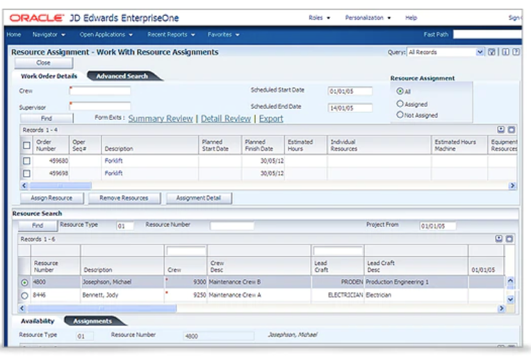 JD Edwards EnterpriseOne Software - Resource assignments system from Oracle provides the capability to assign resources to a work order or to specific work order instructions while checking the current availability and assignments of the resources