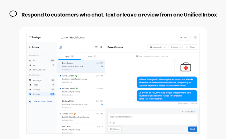 Birdeye screenshot: Unified Inbox - Respond to customers who chat, text or leave a review from one Unified Inbox 
