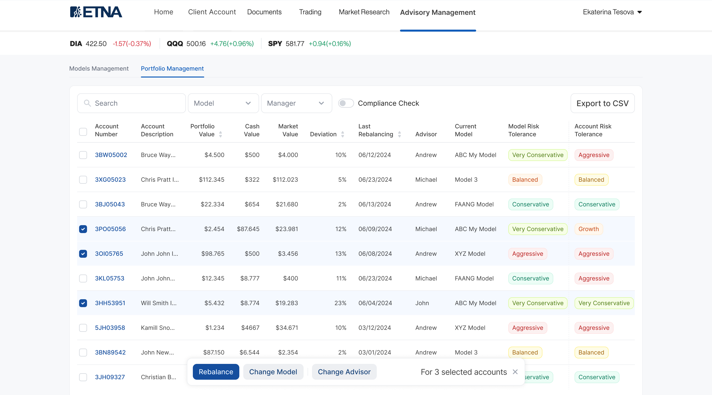 ETNA Financial Advisor Software screenshot: Portfolio management