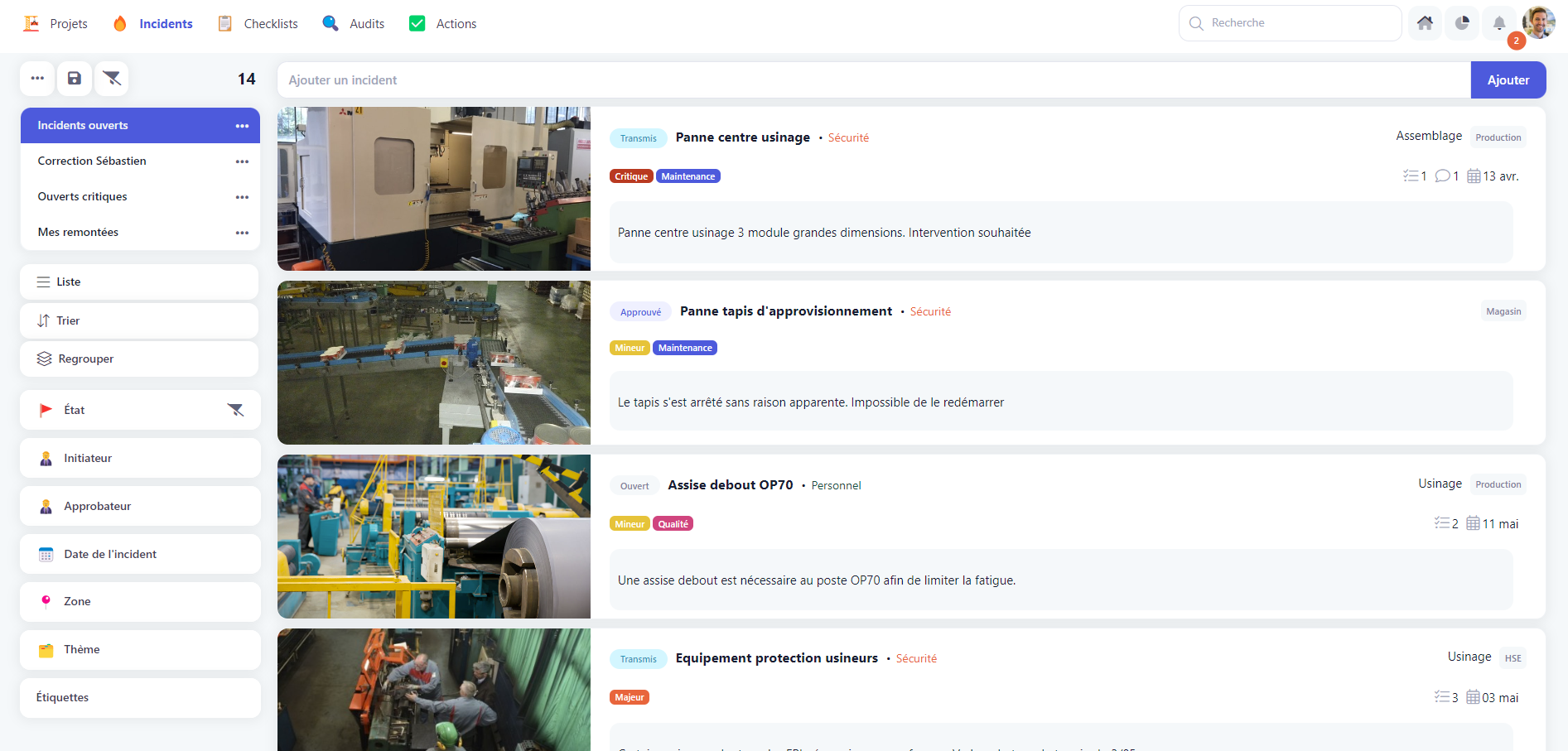 Kostango screenshot: Exemple of incident management listing
