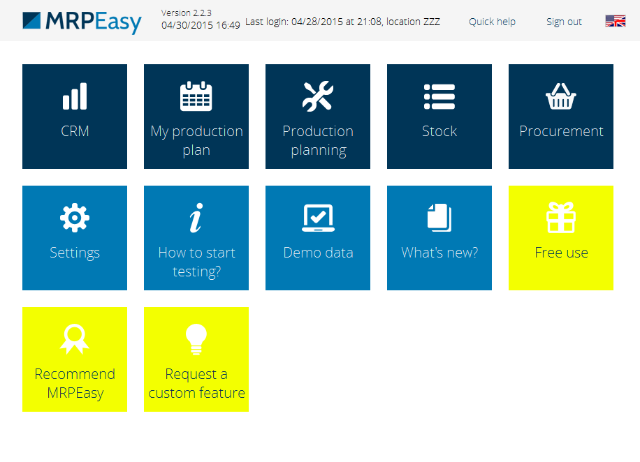 MRPeasy Software - The MRPEasy initial home screen