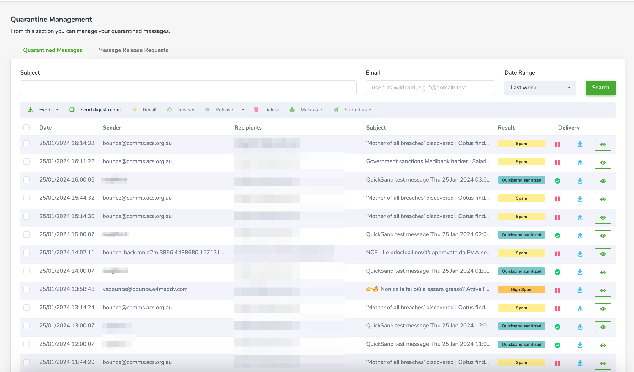 Libraesva Email Security Software - Quarantine Management allows users to browse through blocked and sanitized messages. Based on users role capabilities is possible to forward, download or ask to release blocked emails.