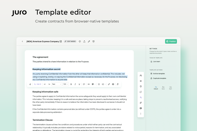 Juro screenshot: Create contracts from browser-native templates.