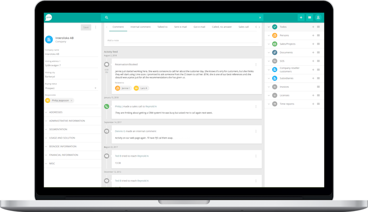 Lime CRM screenshot: Complete customer overview