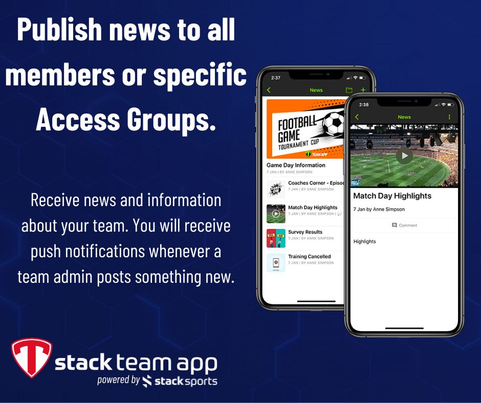 Publish news to all members or specific access groups. Receive news and information about your team. You will receive push notifications whenever a team admin posts something new.