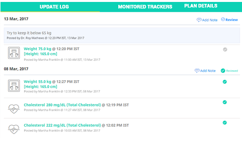 ContinuousCare screenshot: Remote monitoring allows healthcare professionals to add or review notes and view treatment updates with date and time