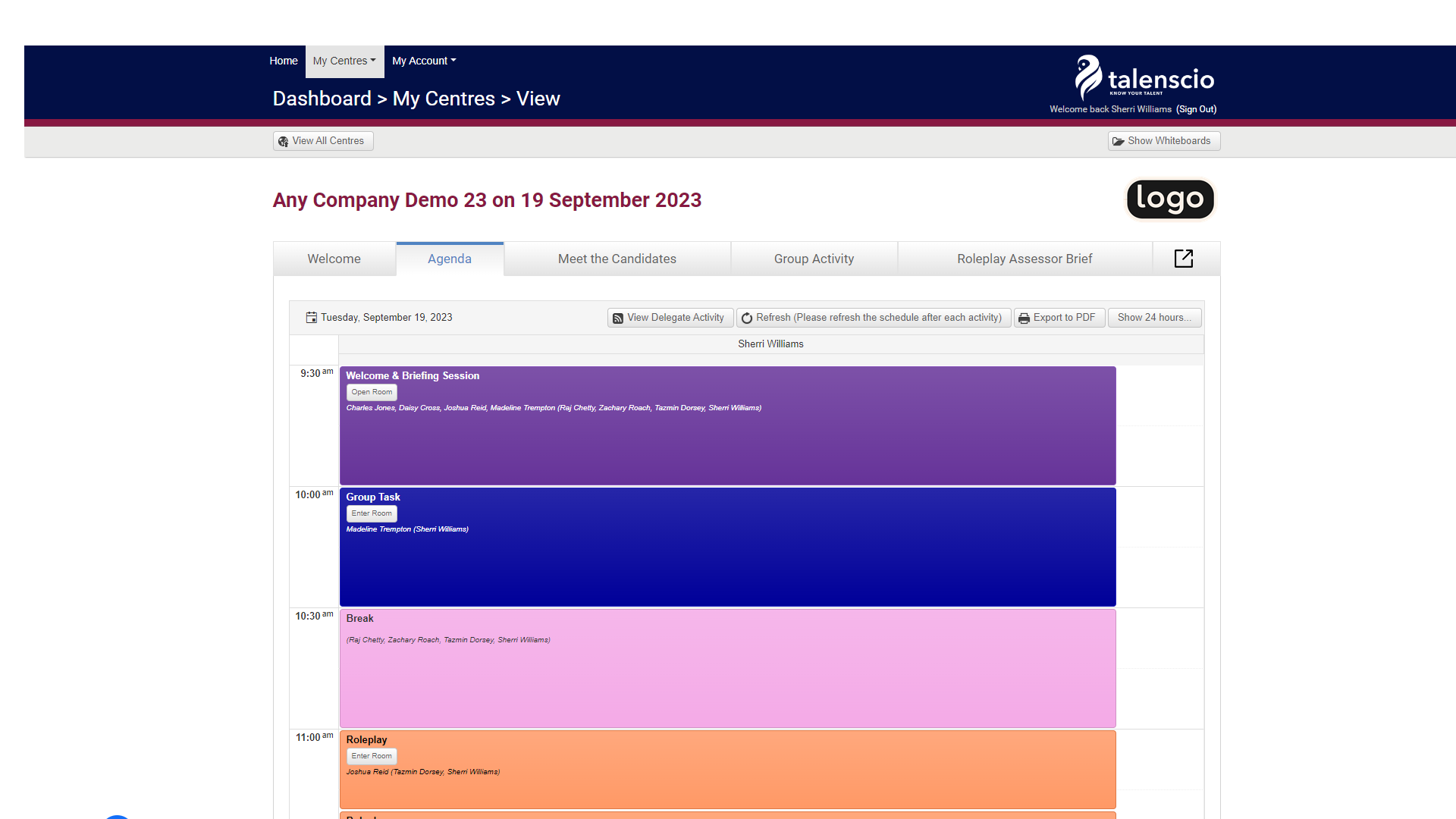 Talenscio screenshot: Talenscio personalized agenda in local timezone