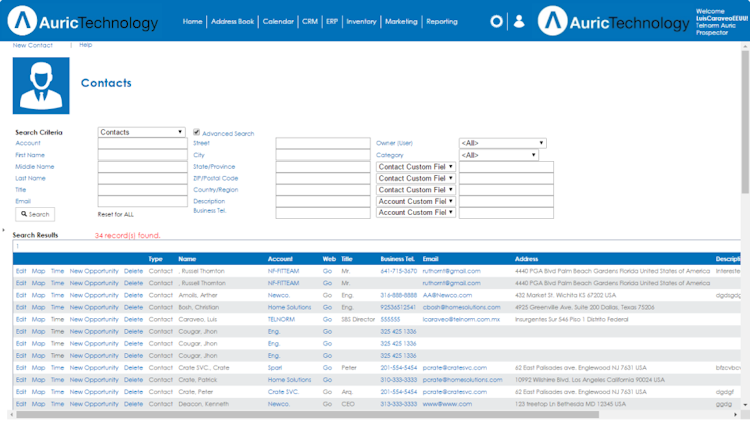 Auric Prospector screenshot: Add new contact and advanced search functionality