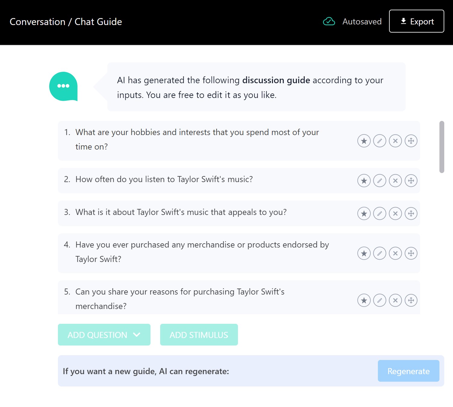 BoltChatAI screenshot: AI-Generated chat guide in BoltChatAI. The AI-Moderator will generated a guide based on your objective and burning questions, but you can edit it as you see fit or write your own all together.  