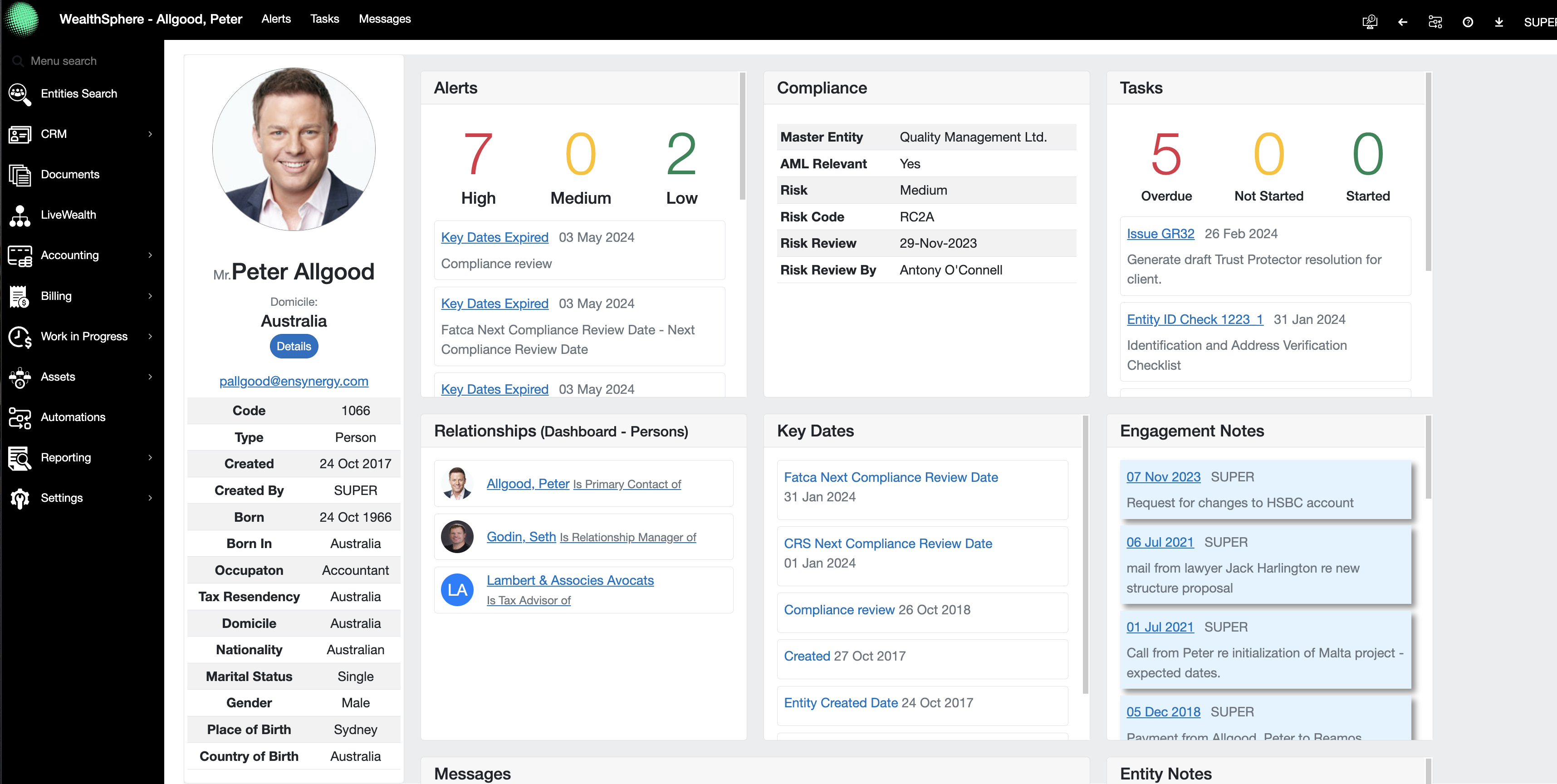 WealthSphere screenshot: WealthSphere entity dashboard