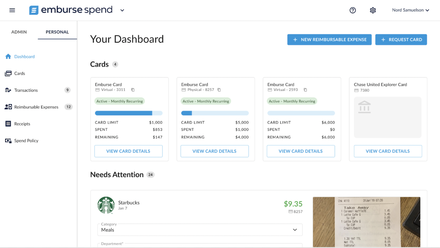 This is the dashboard where card users review all of their card activity, address outstanding items, and request additional cards for new spending needs.