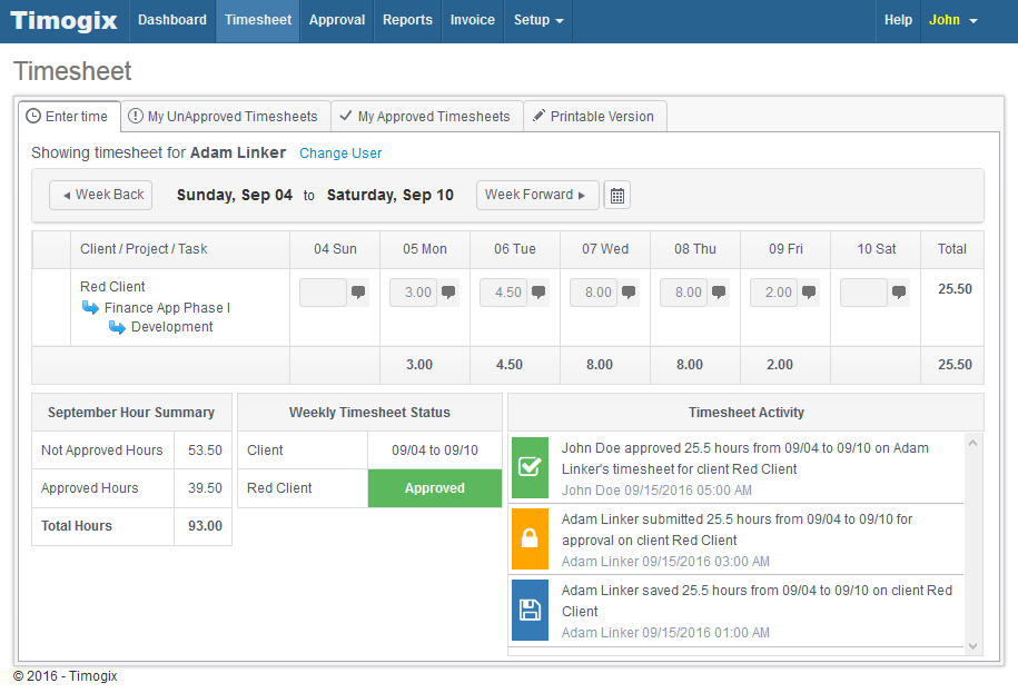 Timogix screenshot: Timogix timesheet management