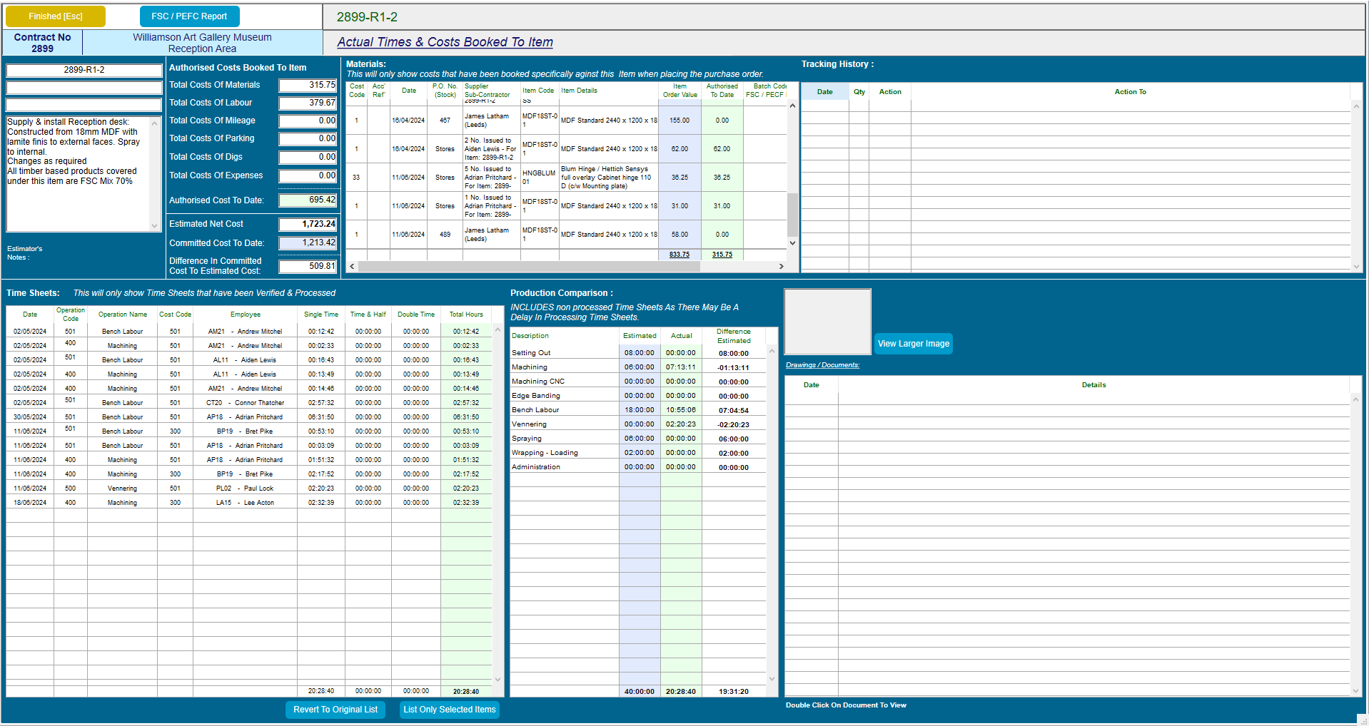 Contract Controller Software - Each Bill item can show materials and labour that have been booked to the item, assisting with evaluating if enough time and material is being allowed for when preparing quotations.