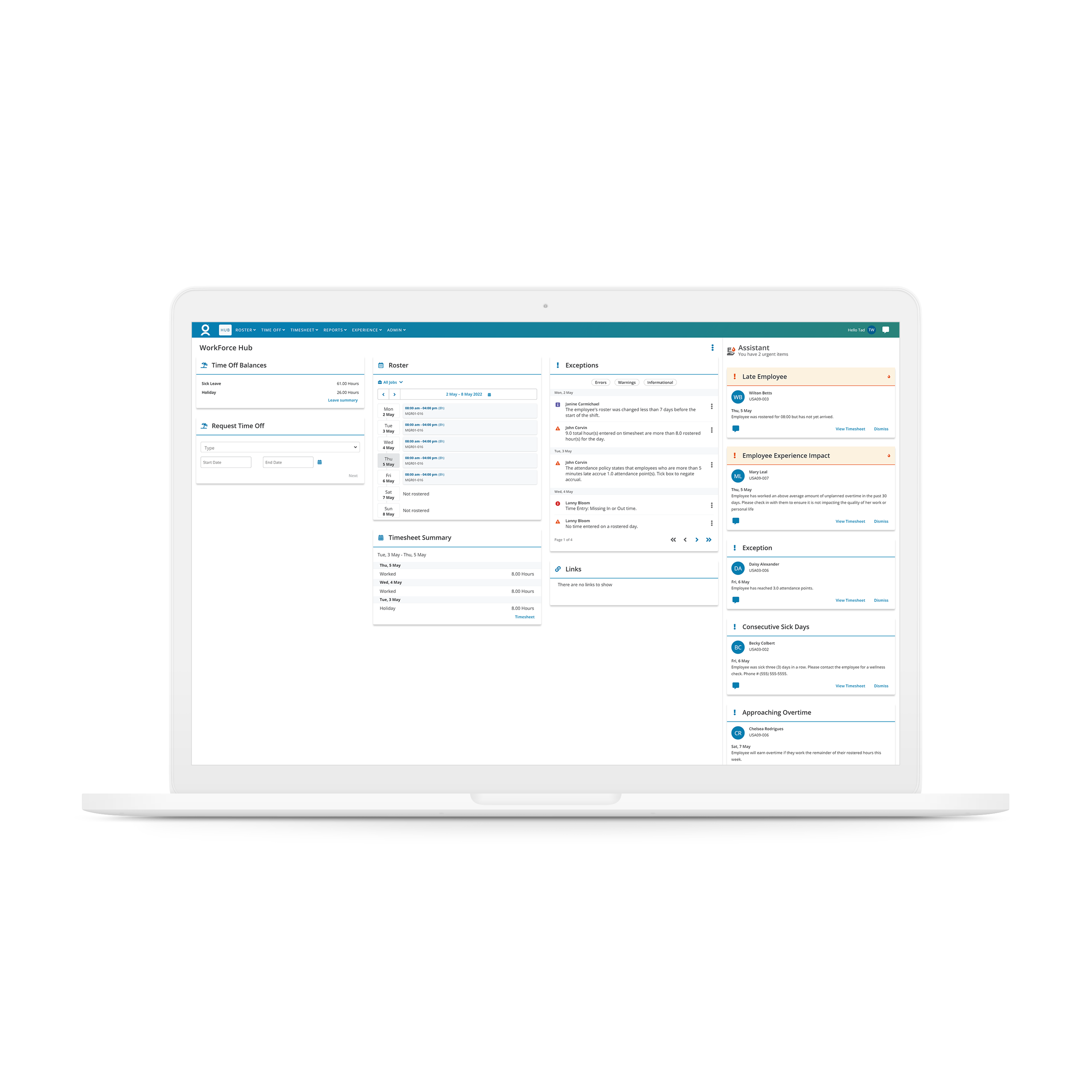WorkForce HUB: Identifies and prioritizes urgent matters, such as potential compliance risks or labor attendance issues, and triggers predictive and proactive notifications that alert stakeholders when action is required.