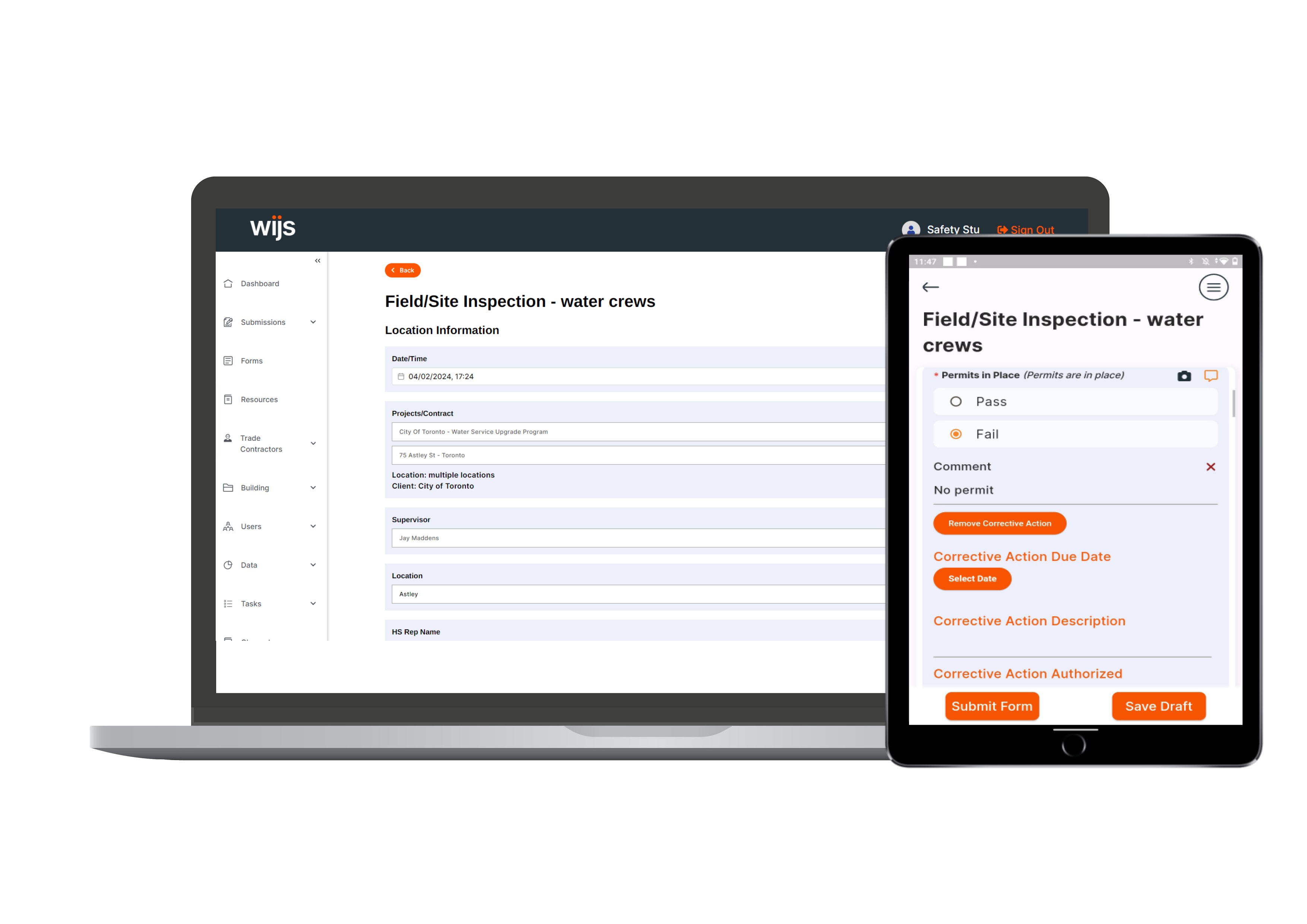 Corrective action required? Create one right in any submission (mobile or webapp) and all info automatically populates into a deficiency registry to easily track and manage all your outstanding and completed corrective actions.